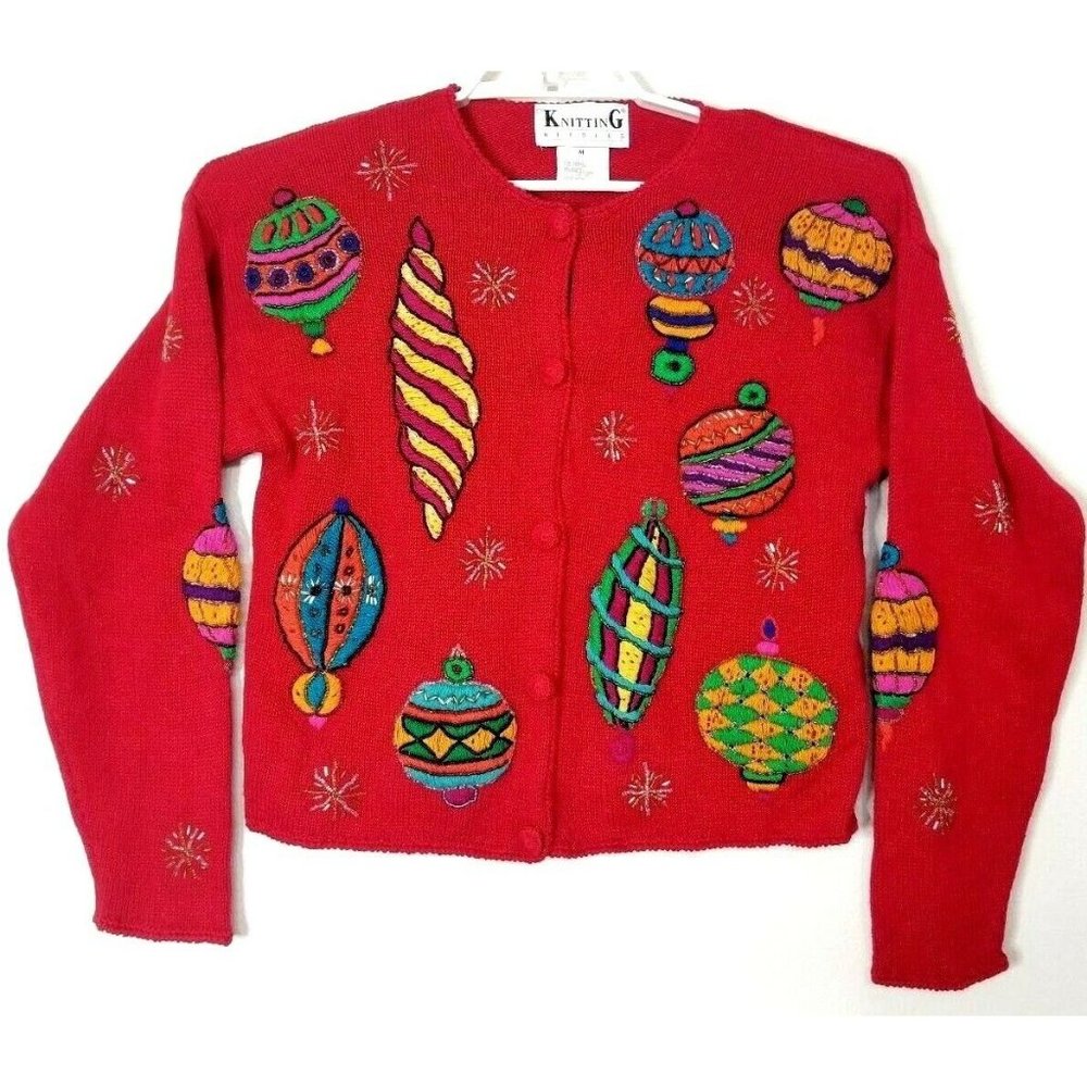Vintage Knitting Needles Ugly Christmas Sweater Beaded Embroidered